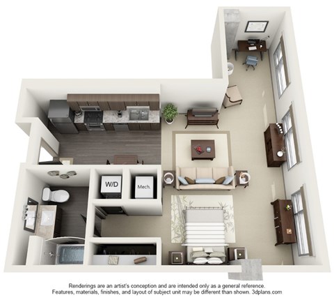 Floor plan for studio, 1 bath, 1023 sqft